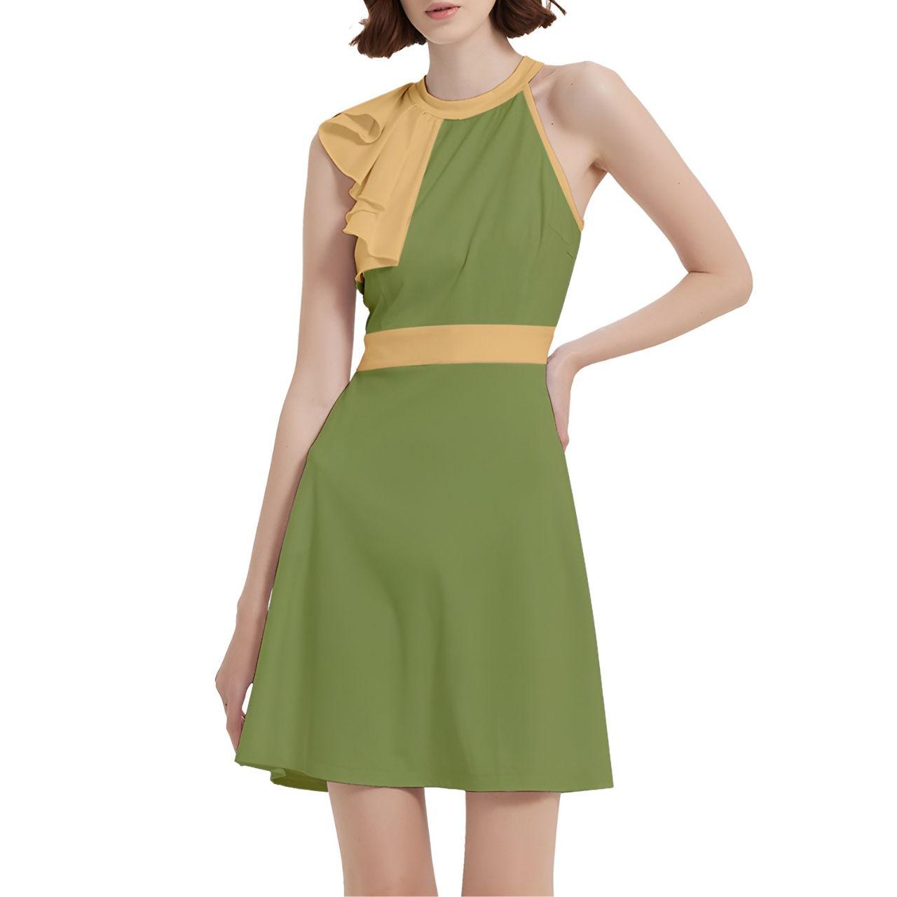 Ebisa Green & Yellow Cocktail Halter Sleeveless Dress - Blissfully Brand