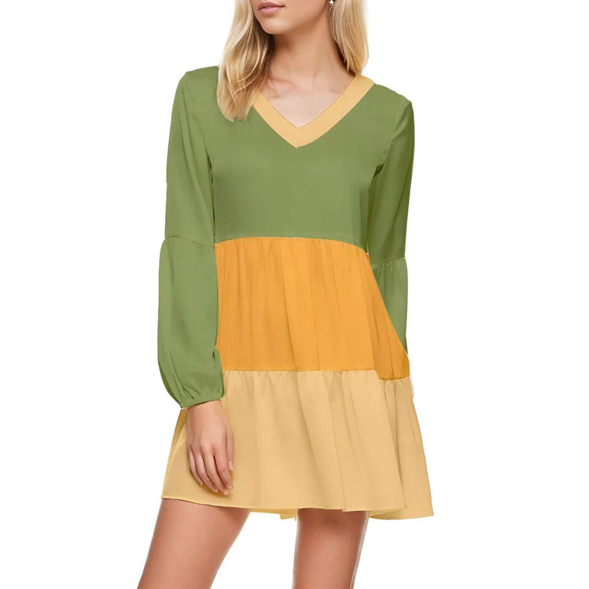 Ebisa Color Block Tiered Tunic Mini Swing Shift Dress - Green Orange Yellow V-neck Long Sleeve Retro Solid Coordinate