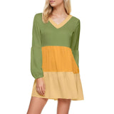Ebisa Color Block Tiered Tunic Mini Swing Shift Dress - Green Orange Yellow V-neck Long Sleeve Retro Solid Coordinate