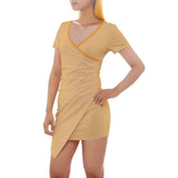 Ebisa Yellow Short Sleeve Asymmetric Bodycon Mini Dress Orange Plus size fitted ruched wrap style solid