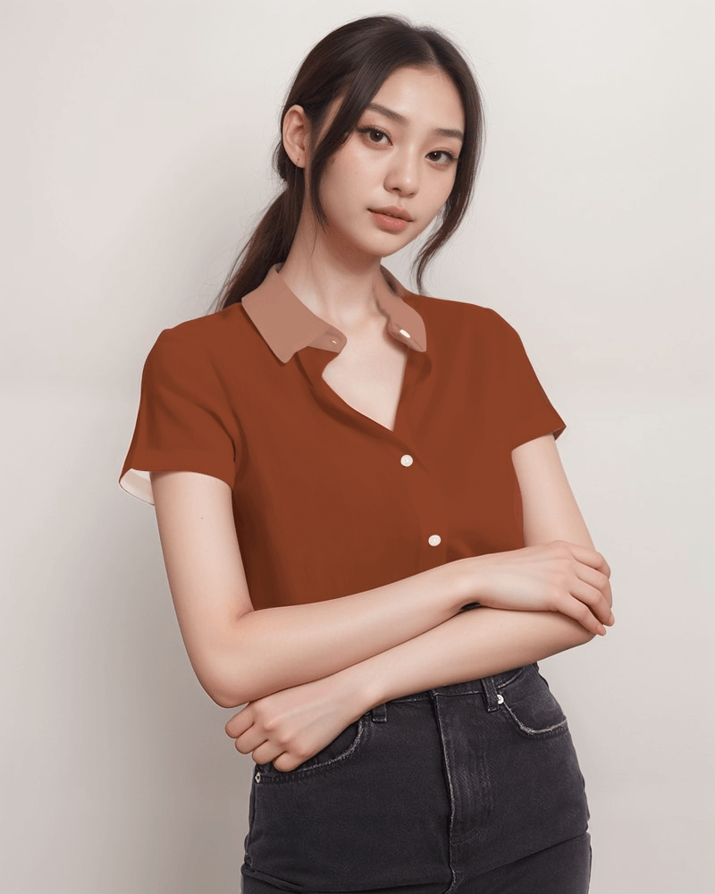 dark orange short-sleeved button-up shirt with contrast brown orange collar women's two tone  blissfully brand