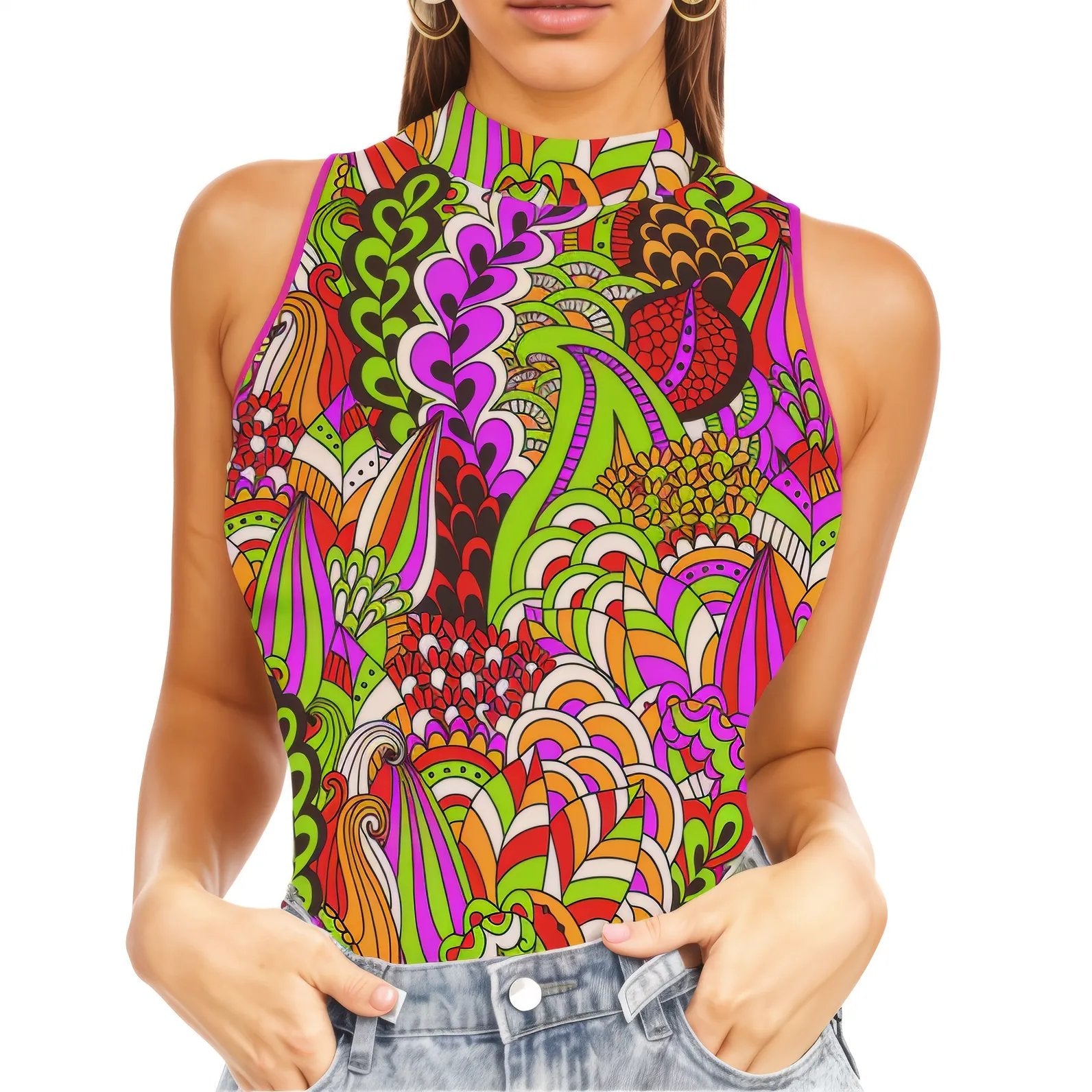 Colorful psychedelic-patterned Onei series tank top. Fitted Mock Neck Blissfully Brand