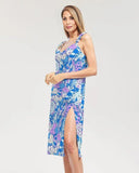 Stylish blue and violet bohemian floral print summer dress with spaghetti straps and side slit, perfect for casual outings and beachwear