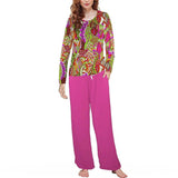 Colorful 2-piece women's pajama set with psychedelic floral print long-sleeve top and hot pink wide-leg pants, comfortable sleepwear for lounging and nighttime