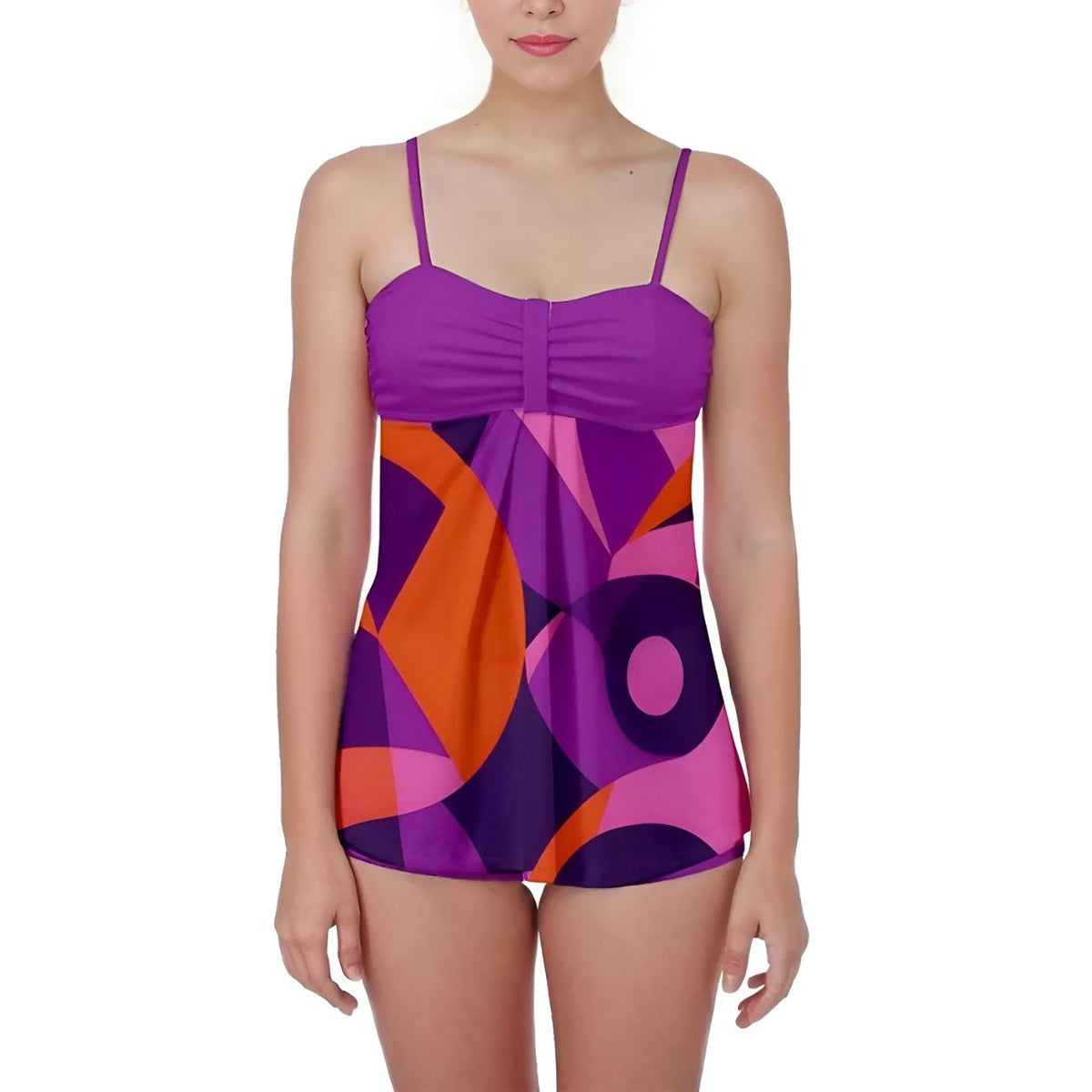 Airline Babydoll Tankini Set Geometric Print Violet Pop Retro Swimsuit Trendy Beachwear Summer Vibrant Bold Pop Art Boyleg Plus Sizes Blissfully Brand