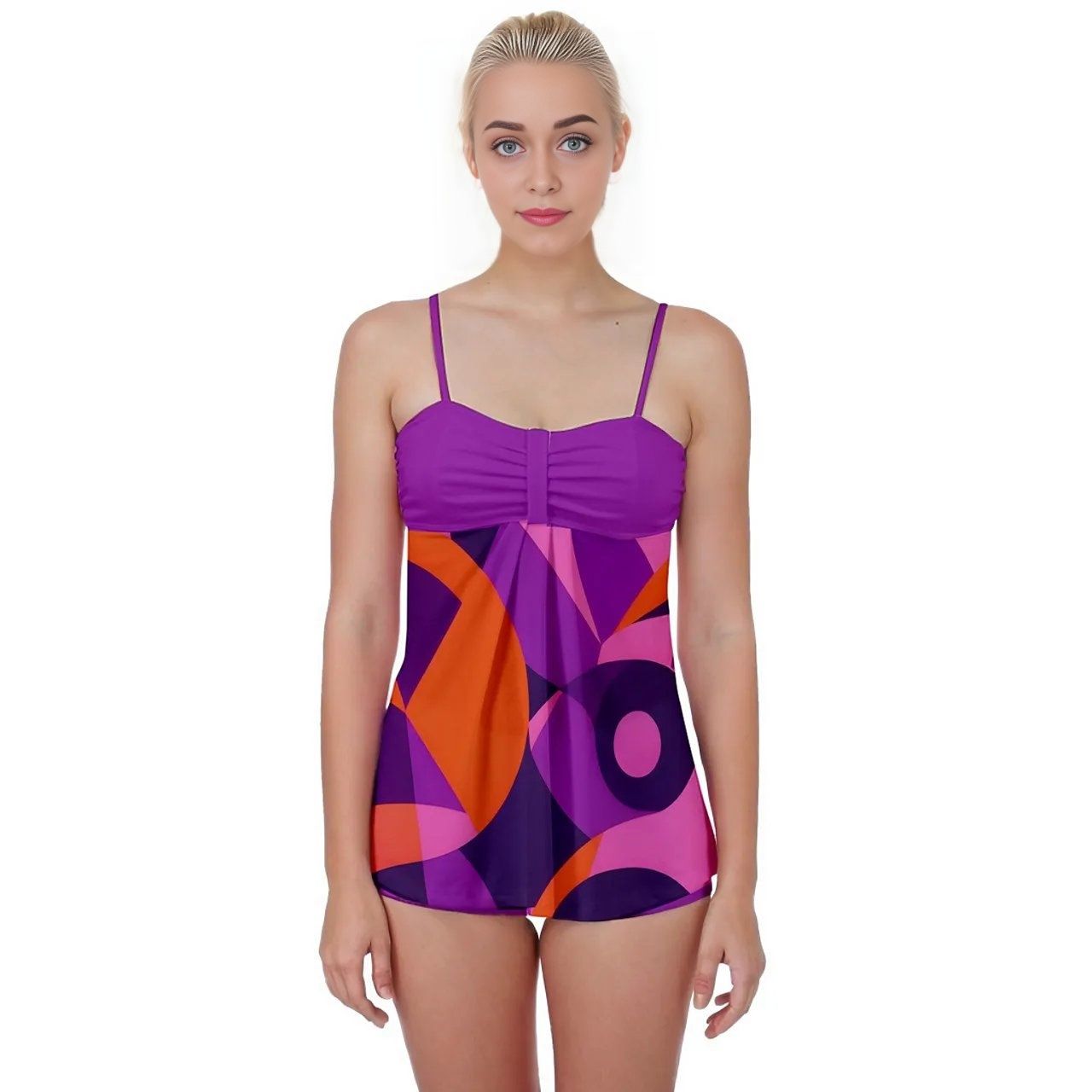 Airline Babydoll Tankini Set Geometric Print Violet Pop Retro Swimsuit Trendy Beachwear Summer Vibrant Bold Pop Art Boyleg Plus Sizes Blissfully Brand