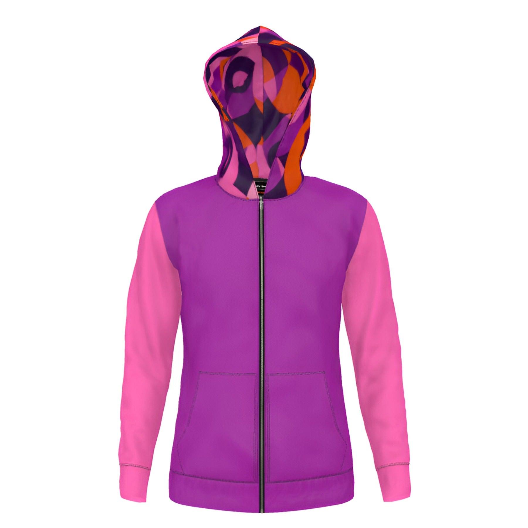 Flight 239 - Color Block Zip Hoodie - Violet Pink - Airline Series Abstract Swirling Print Bold Vibrant Funky Retro Statement Fleece Jersey Plus Sizes Unisex Relaxed