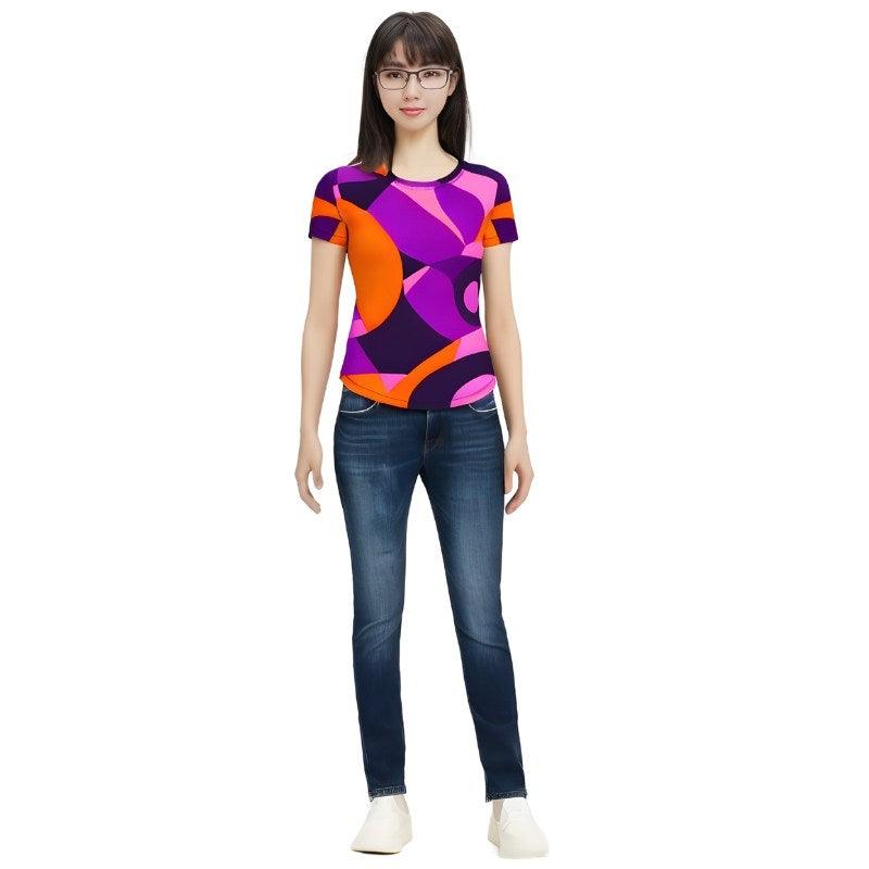 Flight 239 Women's Tee - Geometric Abstract Print - Orange Violet Bold Vibrant Artistic - Cotton Spandex - Short Sleeve Crewneck Funky Airline Series Handmade in England Plus Sizes