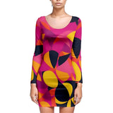 Flight 929 Long Sleeve Bodycon Dress - Abstract Swirl Geometric Retro 70's Pink Orange Yellow Funky Striking Curvy Vibrant Bold Pink Orange Yellow Psychedelic 70's pop art