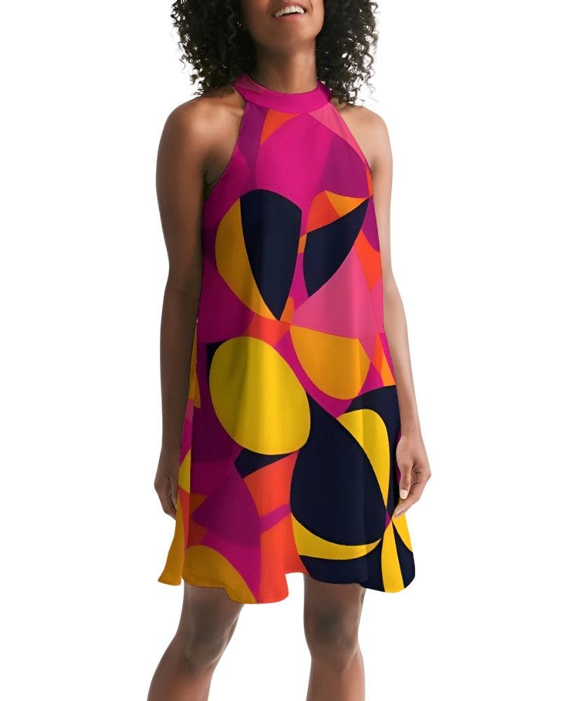 Airline Series Halter Flare Mini Dress - Geometric Abstract Multicolor Funky Bold Vibrant Retro Avant Garde Pink Orange Yellow Psychedelic 70's pop art