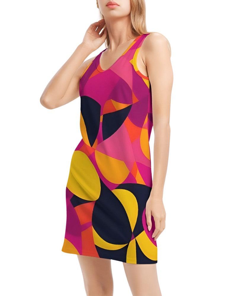 Airline Series - Rib Knit V Neck Tank Dress  Geometric Abstract - Retro Bold Funky Avant Garde - Swirls Pink Orange Yellow Multi-color Psychedelic 70's pop art