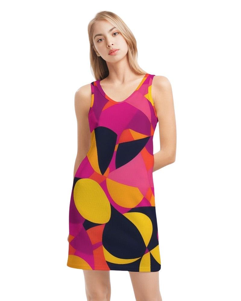 Airline Series - Rib Knit V Neck Tank Dress Geometric Abstract - Retro Bold Funky Avant Garde - Swirls Pink Orange Yellow Multi-color