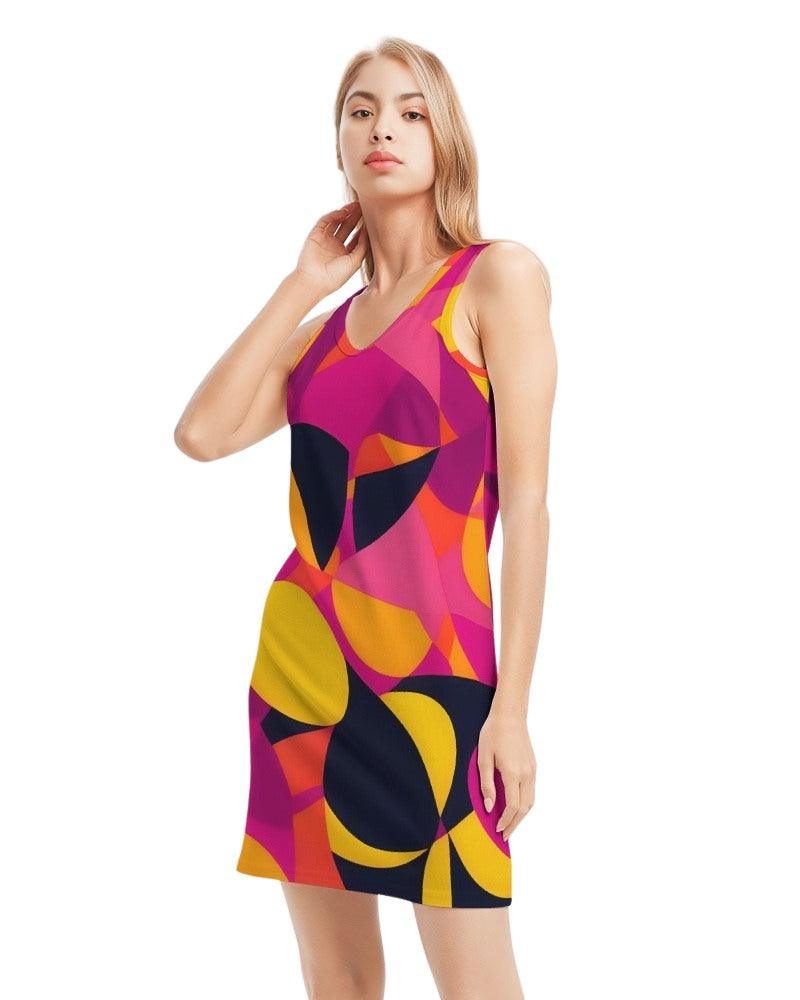 Airline Series - Rib Knit V Neck Tank Dress Geometric Abstract - Retro Bold Funky Avant Garde - Swirls Pink Orange Yellow Multi-color