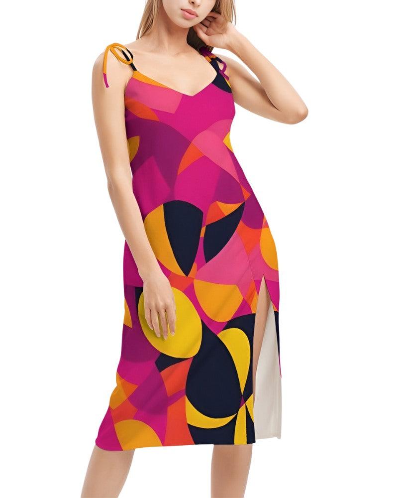 Airline Series Tie Strap Split Midi Dress - Geometric Abstract Print Multicolor Pink Orange Yellow Bold Vibrant Retro Avant Garde Psychedelic 70's pop art