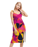 Airline Series Tie Strap Split Midi Dress - Geometric Abstract Print Multicolor Pink Orange Yellow Bold Vibrant Retro Avant Garde