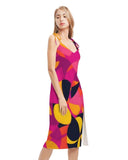 Airline Series Tie Strap Split Midi Dress - Geometric Abstract Print Multicolor Pink Orange Yellow Bold Vibrant Retro Avant Garde