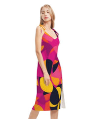 Airline Series Tie Strap Split Midi Dress - Geometric Abstract Print Multicolor Pink Orange Yellow Bold Vibrant Retro Avant Garde