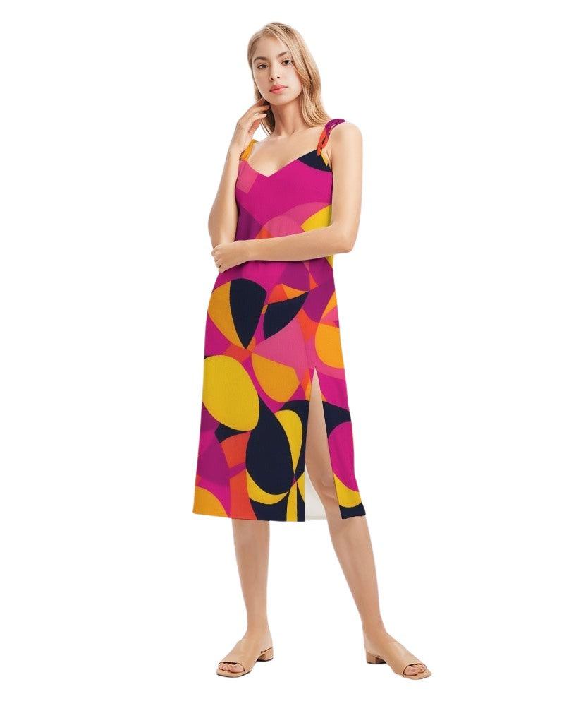 Airline Series Tie Strap Split Midi Dress - Geometric Abstract Print Multicolor Pink Orange Yellow Bold Vibrant Retro Avant Garde