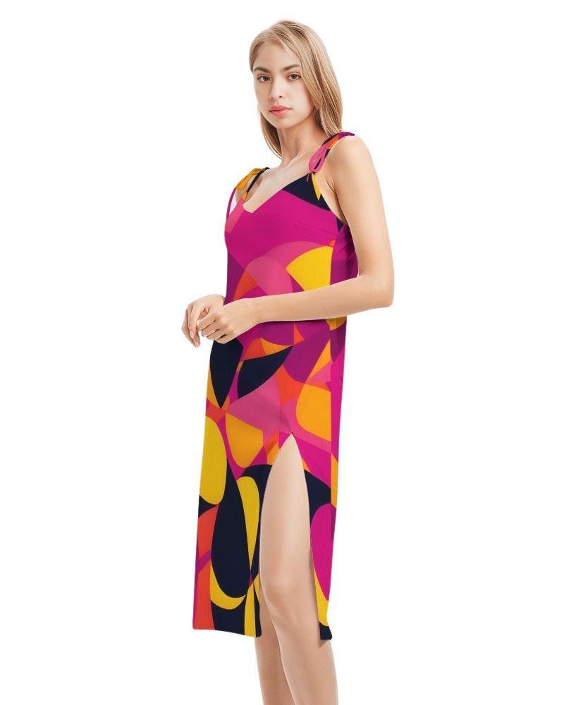 Airline Series Tie Strap Split Midi Dress - Geometric Abstract Print Multicolor Pink Orange Yellow Bold Vibrant Retro Avant Garde