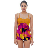 Airline Babydoll Tankini Set Geometric Print Violet Orange Vibrant Beachwear Trendy Swimwear Pop Art Retro Plus Size Options Blissfully Brand