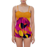 Airline Babydoll Tankini Set Geometric Print Violet Orange Vibrant Beachwear Trendy Swimwear Pop Art Retro Plus Size Options Blissfully Brand