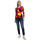Airline Series Long Sleeve Tee - Geometric Abstract Print Multicolor Yellow Pink Orange Women's Crewneck Slim Fit Plus Size Vibrant Bold Retro - Tshirt All Over Print