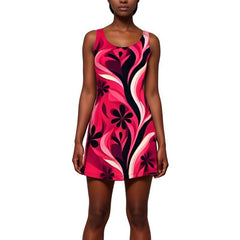 Vibrant pink sleeveless mini dress with abstract floral print, featuring bold black, maroon, and white designs. Perfect for summer outings or casual gatherings. Shop this trendy women's Aloha dress for a chic fashion statement