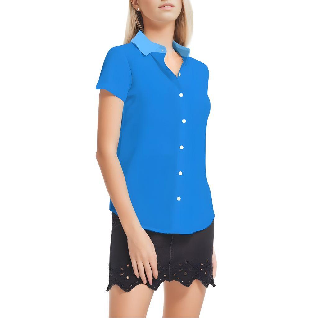 Ima Blue Two Tone Short Sleeve Button Down Collar Women's Top Round Hem Casual Coordinate Buttoned Down Collared Solid Lightweight