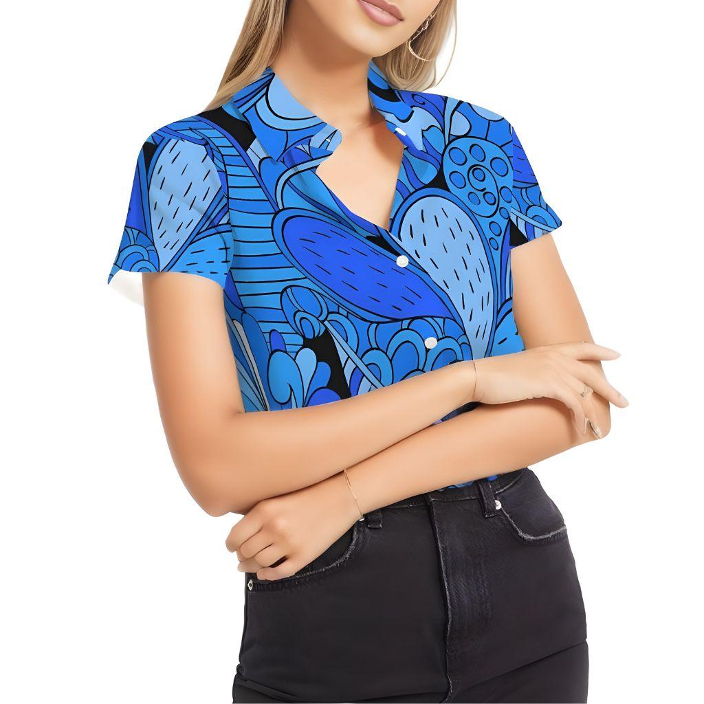 Ima Blue Wild Paisley Short Sleeve Button Down Women's Top Floral Retro Psychedelic Funky Bold Vibrant Kaleidoscope Print All Over Shirt Lightweight Collar