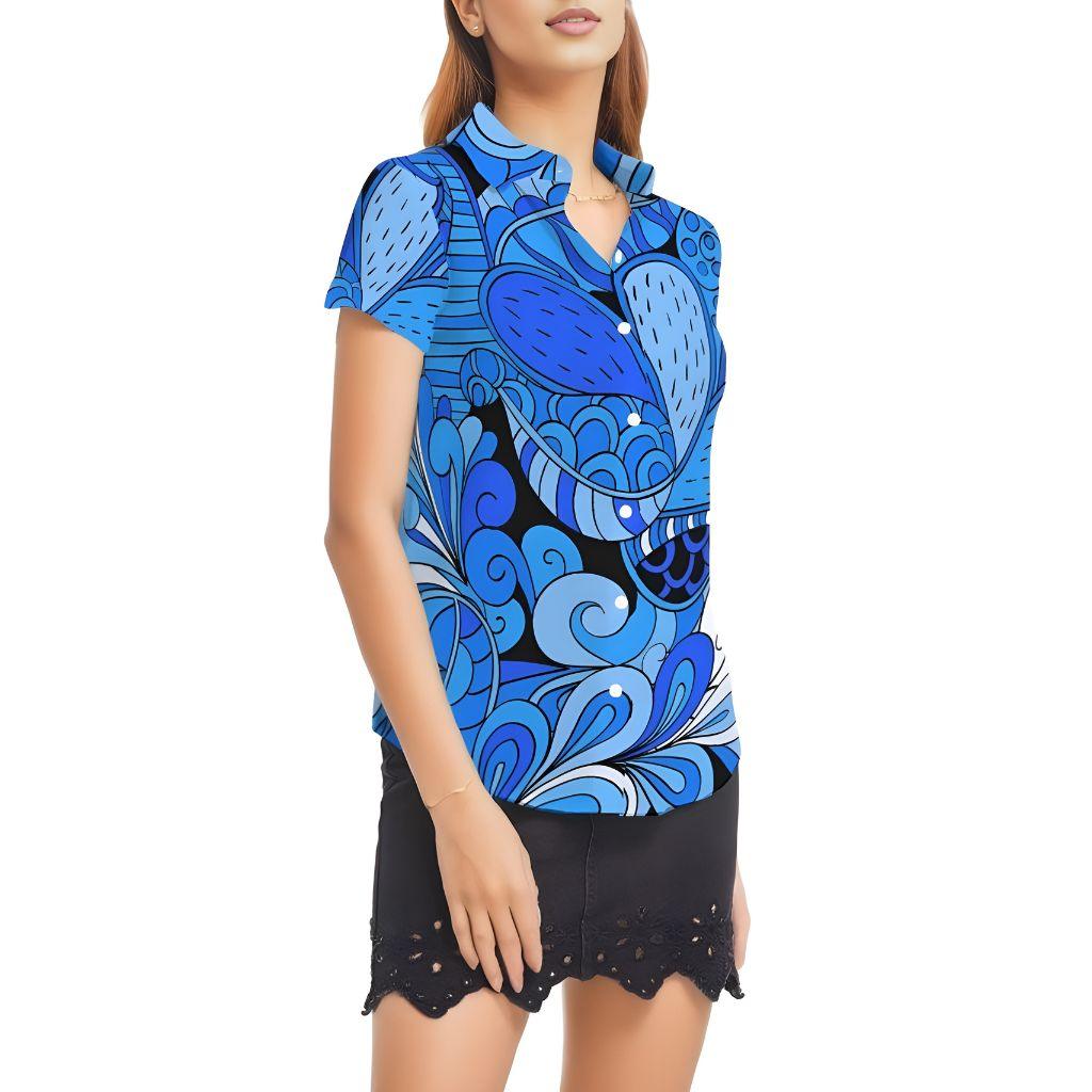 Ima Blue Wild Paisley Short Sleeve Button Down Women's Top Floral Retro Psychedelic Funky Bold Vibrant Kaleidoscope Print All Over Shirt Lightweight Collar