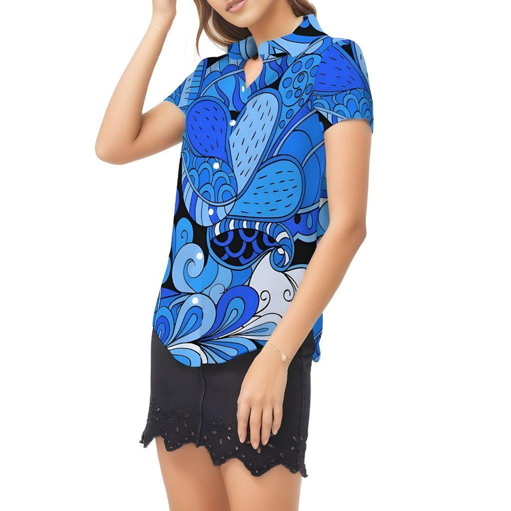 Ima Blue Wild Paisley Short Sleeve Button Down Women's Top Floral Retro Psychedelic Funky Bold Vibrant Kaleidoscope Print All Over Shirt Lightweight Collar