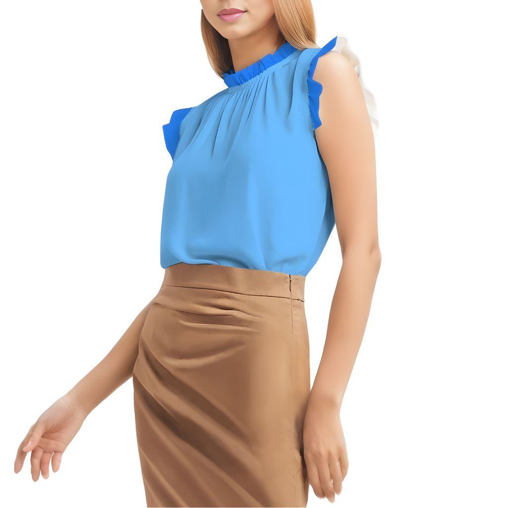 Ima Two Tone Light Blue Ruffle Cap Sleeve & Round Collar Top Color Block Mandarin Blouse Chiffon Coordinat