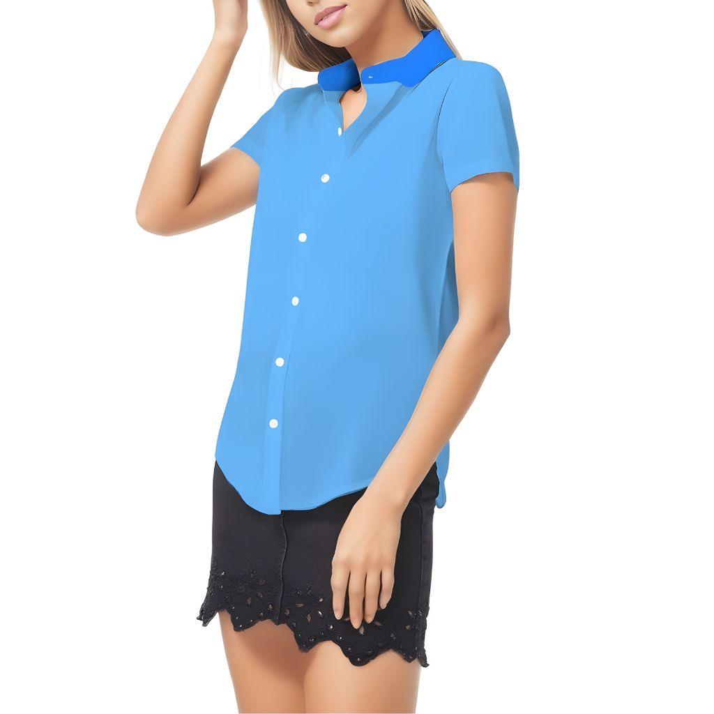 ma Light Blue Two Tone Short Sleeve Button Down Collar Women's Top Round Hem Casual Coordinate Buttoned Down Collared Solid Lightweight