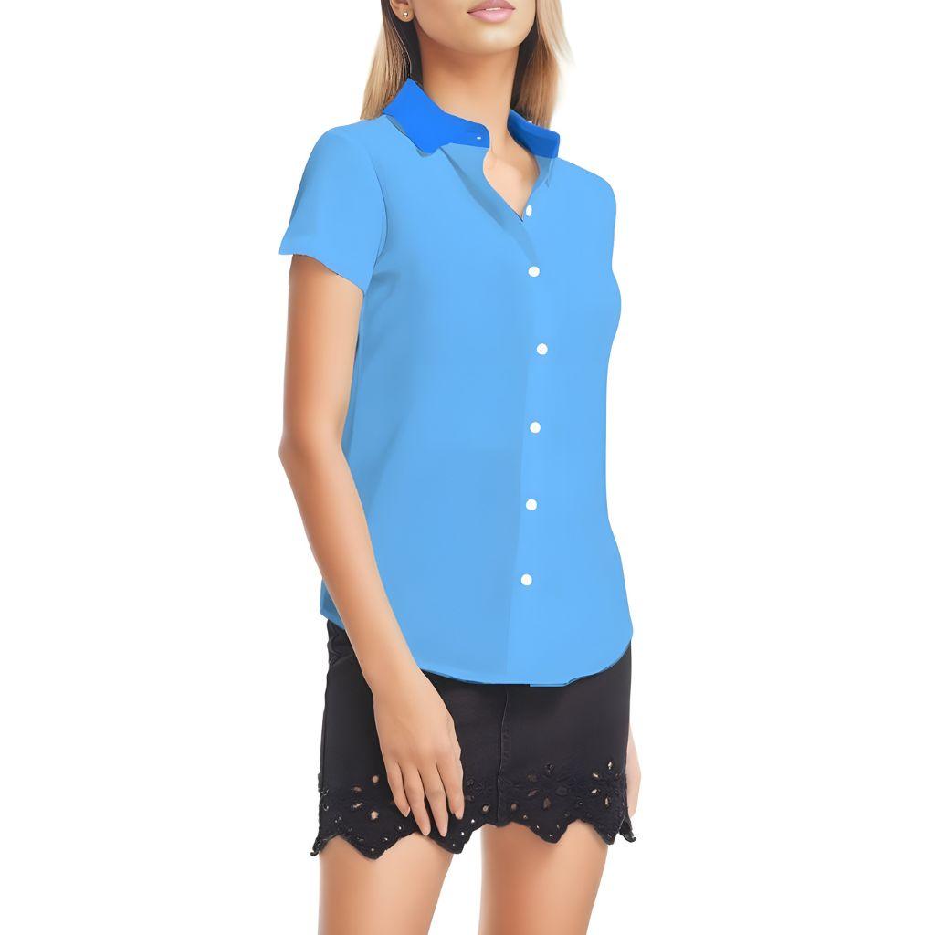 ma Light Blue Two Tone Short Sleeve Button Down Collar Women's Top Round Hem Casual Coordinate Buttoned Down Collared Solid Lightweight