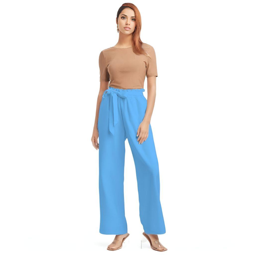 Ima Light Blue High-Rise Wide Leg Belted Pants - Chiffon - Solid - Elastic Waist Coordinate Palazzo Women's