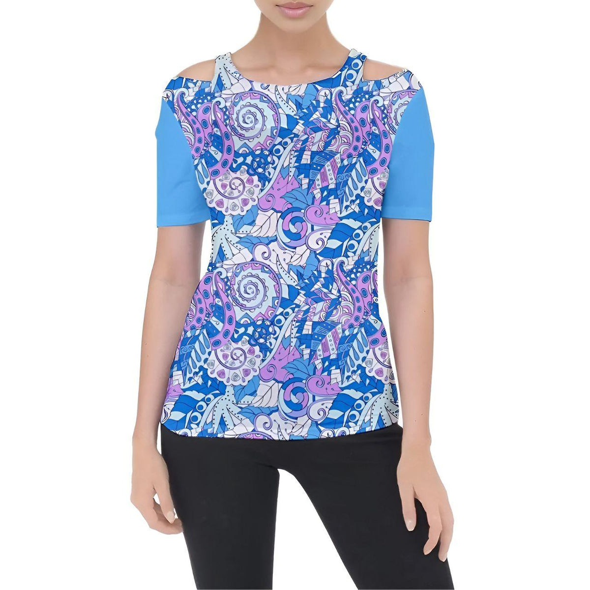 Women's short sleeve top with colorful blue and purple paisley pattern, cold shoulder design, and solid blue sleeves,