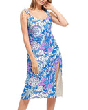 Stylish summer midi dress with vibrant blue and purple abstract print, featuring adjustable shoulder ties and thigh-high slit. Perfect for beach vacations, resort wear, or casual summer events. Flattering fitted silhouette in breathable fabric for all-day comfort