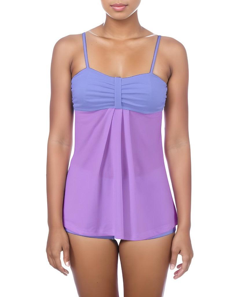 Imi Color Block Babydoll Boyleg Tankini Set - Blue Violet Beachwear Retro Vibrant Swimsuit Solid