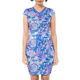 Vibrant blue and purple abstract print drawstring dress with V-neck and cap sleeves, featuring swirling patterns and geometric shapes in a stylish summer design