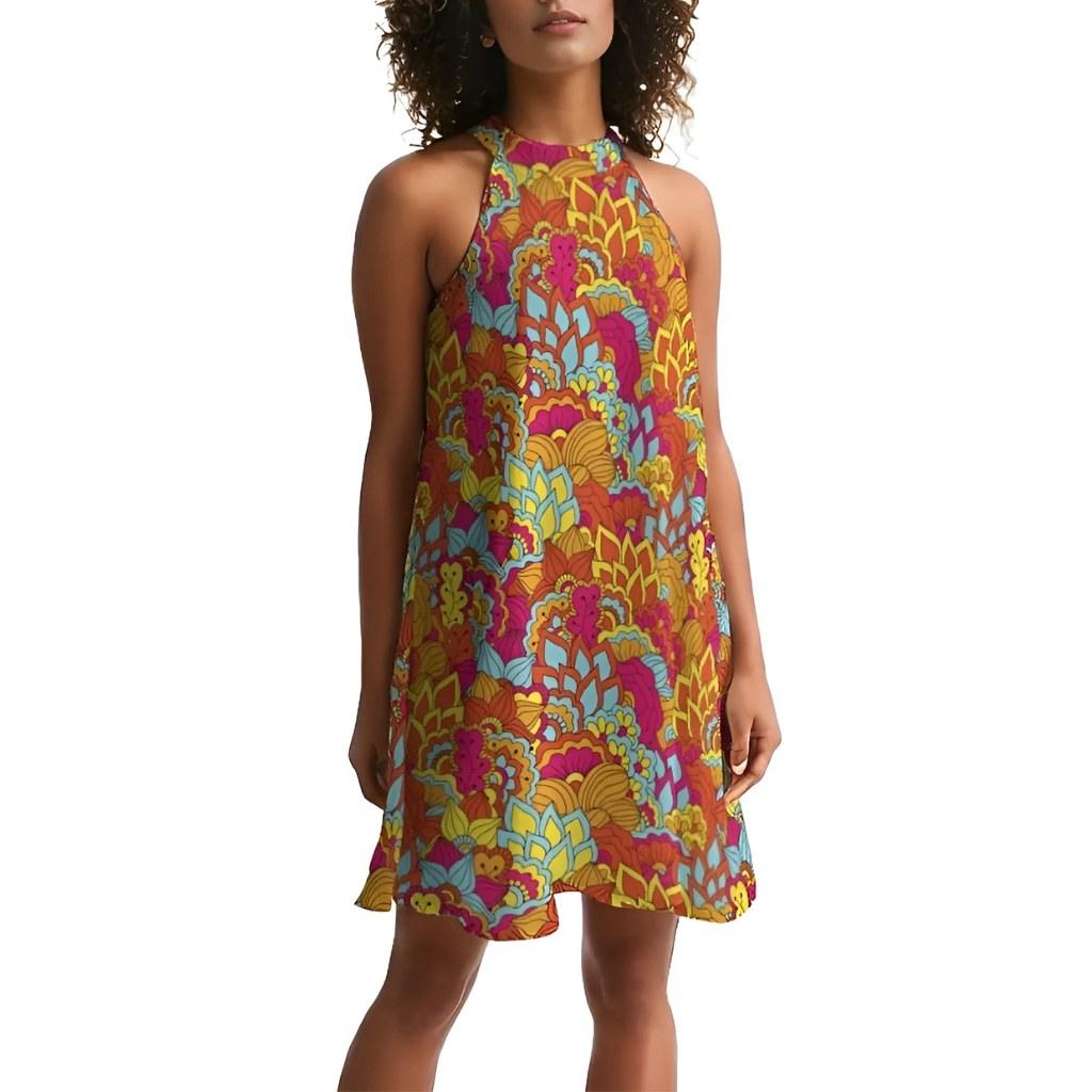 Inela Halter Flare Cocktail Dress - Flower Power Floral Vibrant Print Psychedelic Retro Red Pink Yellow Bold Paisley Multicolor  Chiffon