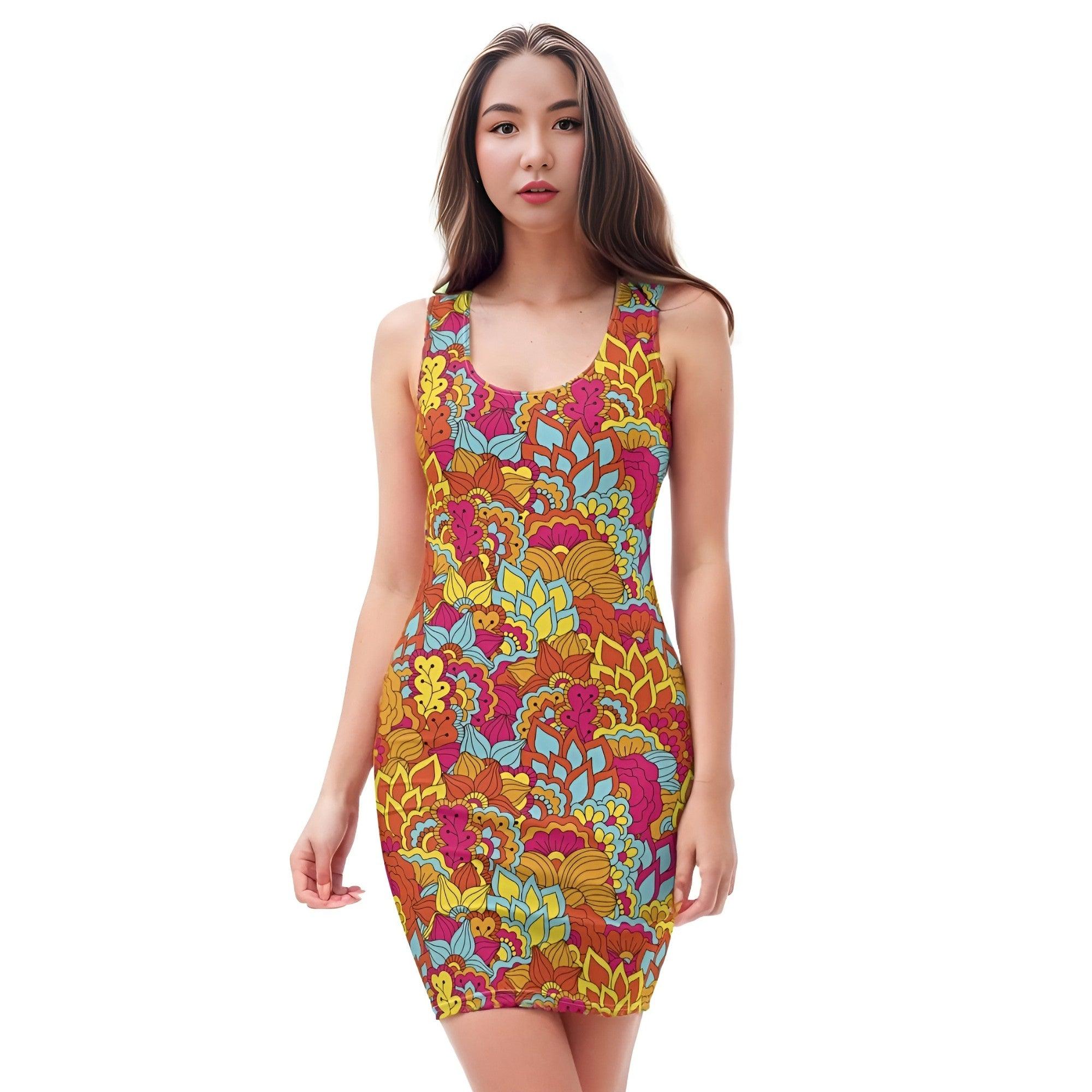 Inela Bodycon dress - Flower Power Paisley Print - Red - Yellow - Pink - Psychedelic Retro Bold Vibrant - Funky Mini Fitted