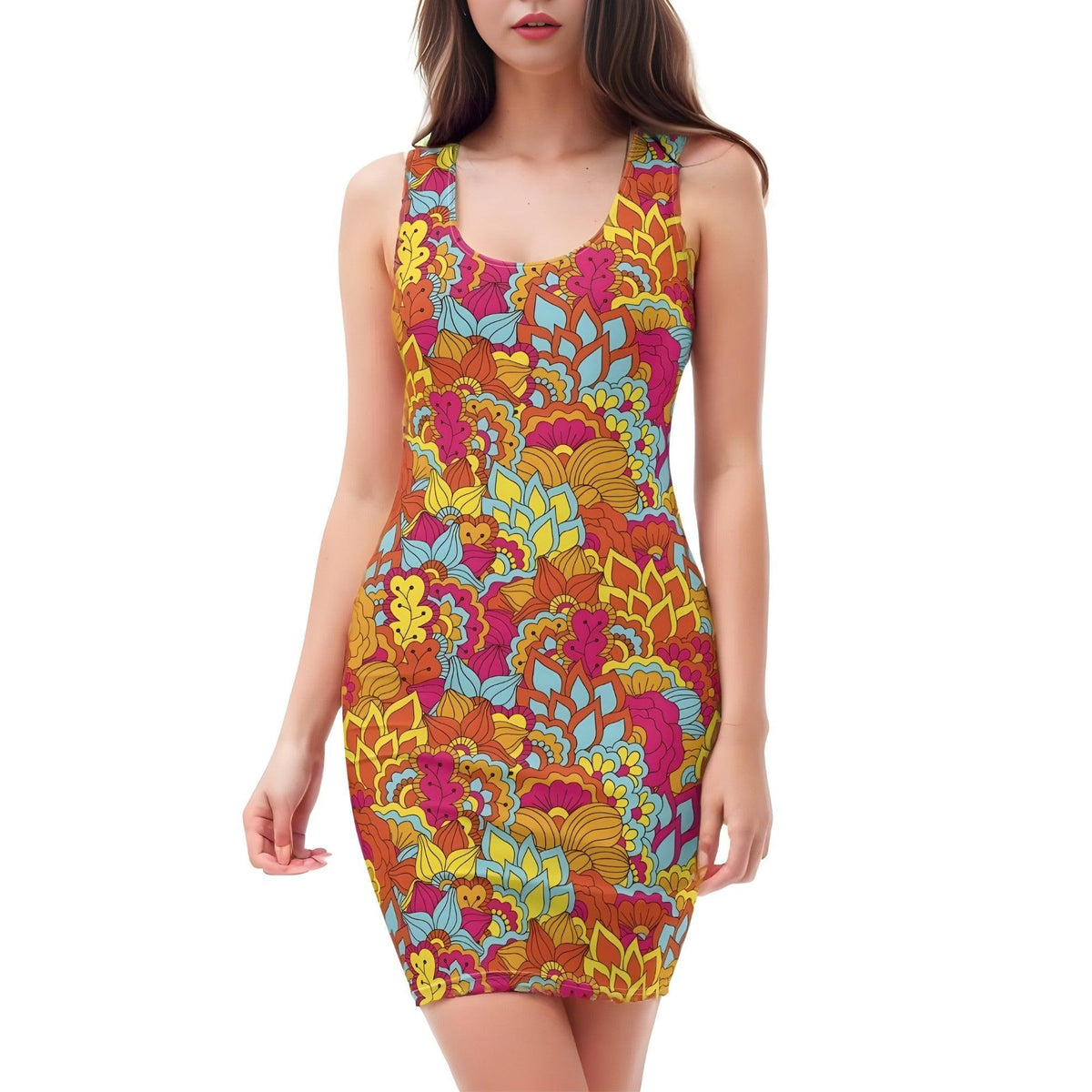 Inela Bodycon dress - Flower Power Paisley Print - Red - Yellow - Pink - Psychedelic Retro Bold Vibrant - Funky Mini Fitted