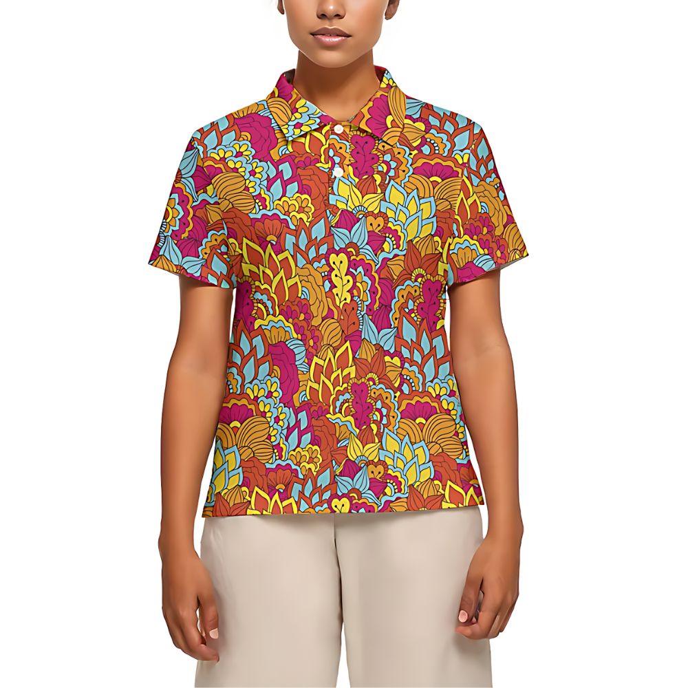 Paisley Floral Vibrant Bold Retro Polo Women's Shirt Modern Slim Fit Funky Statement Flower Power  Summer Blissfully Brand