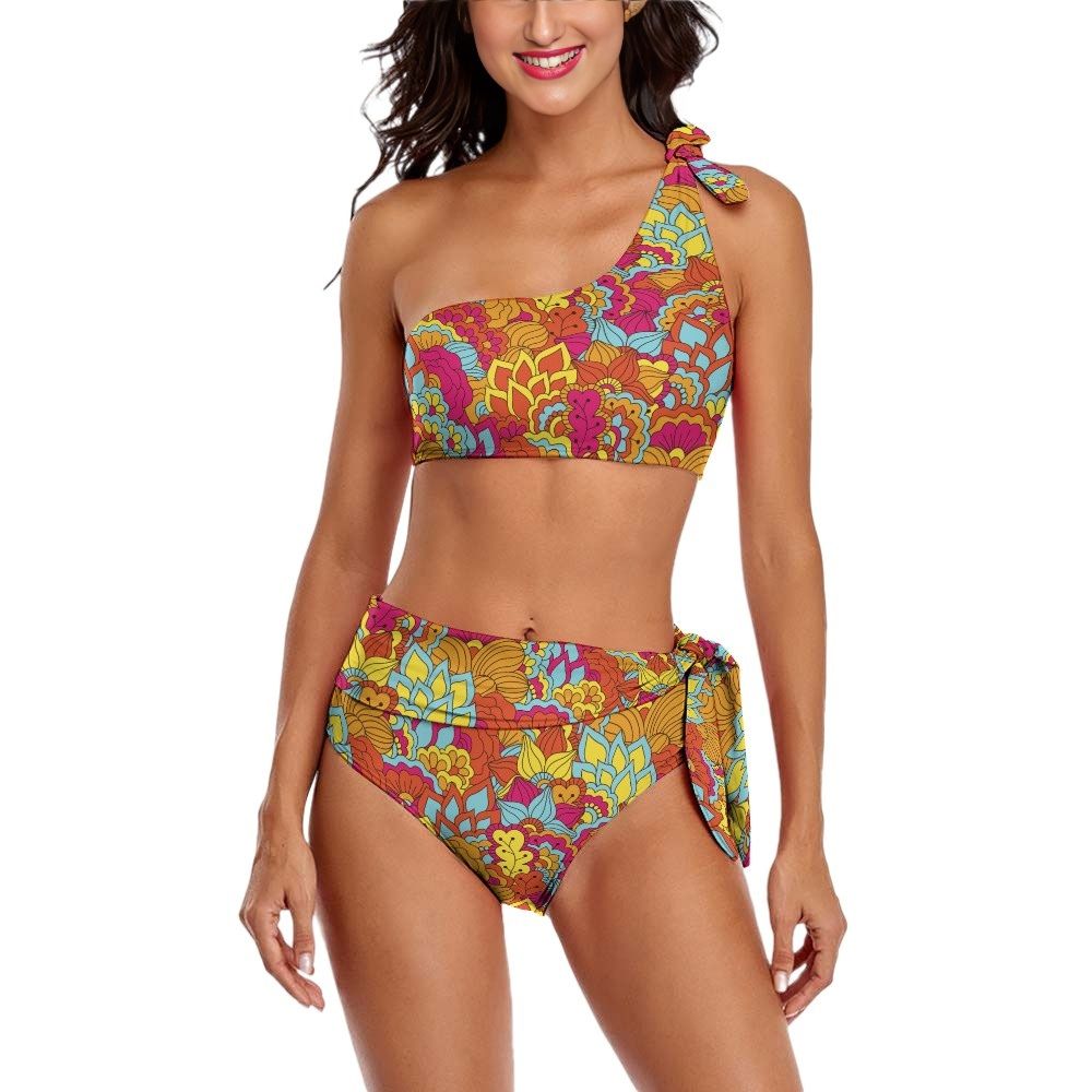 Inela Floral Vibrant Retro Flower Power  One-shoulder bikini set Asymmetrical High-waisted bikini bottom Side tie Adjustable Fit Summer Trendy Beachwear Blissfully Brand