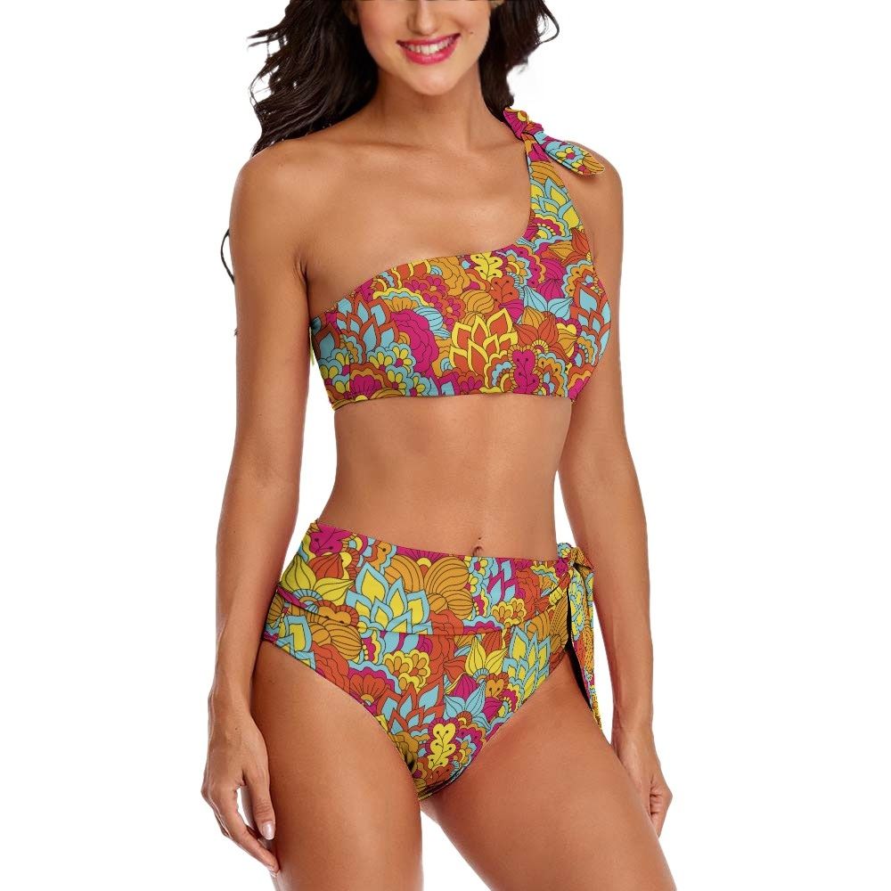 Inela Floral Vibrant Retro Flower Power One-shoulder bikini set Asymmetrical High-waisted bikini bottom Side tie Adjustable Fit Summer Trendy Beachwear Blissfully Brand