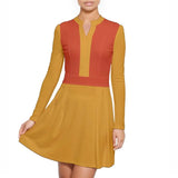 Inela Mandarin Collar Color Block Long Sleeve Flare Dress  Orange Yellow Keyhole Vneck Retro Fitted Flared Skirt Bottom Panel Plus Sizes