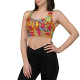 Inela Longline Sports Bra - Flower Power Floral Print - Women's Activewear Active Top Retro Red Yellow Pink Bold Vibrant Multicolor Workout