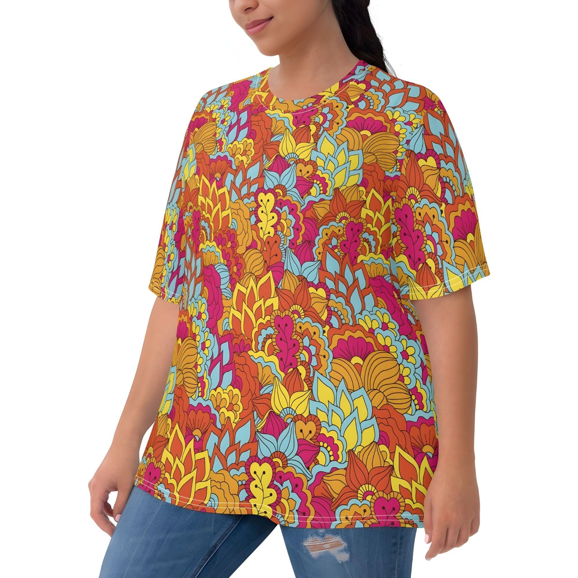 Inela Women's Crew Neck T-shirt - Retro Flower Power Floral  Red Yellow Pink Psychedelic Bold All Over Print Plus Size