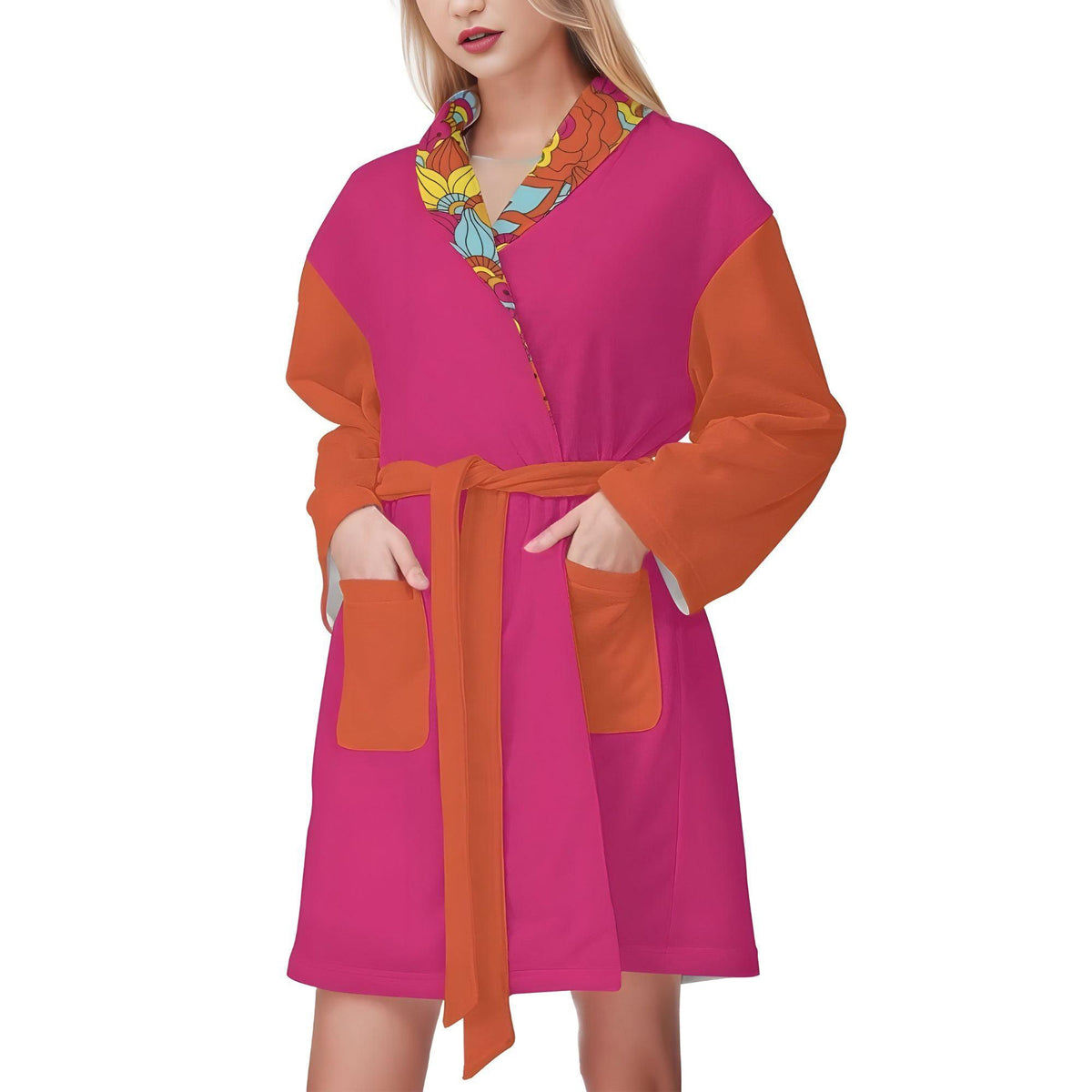 Inela Color Block Lightweight Short Pink & Orange Bathrobe Flower Power Retro Vibrant Robe Travel Pockets Self Tie Belted Women's