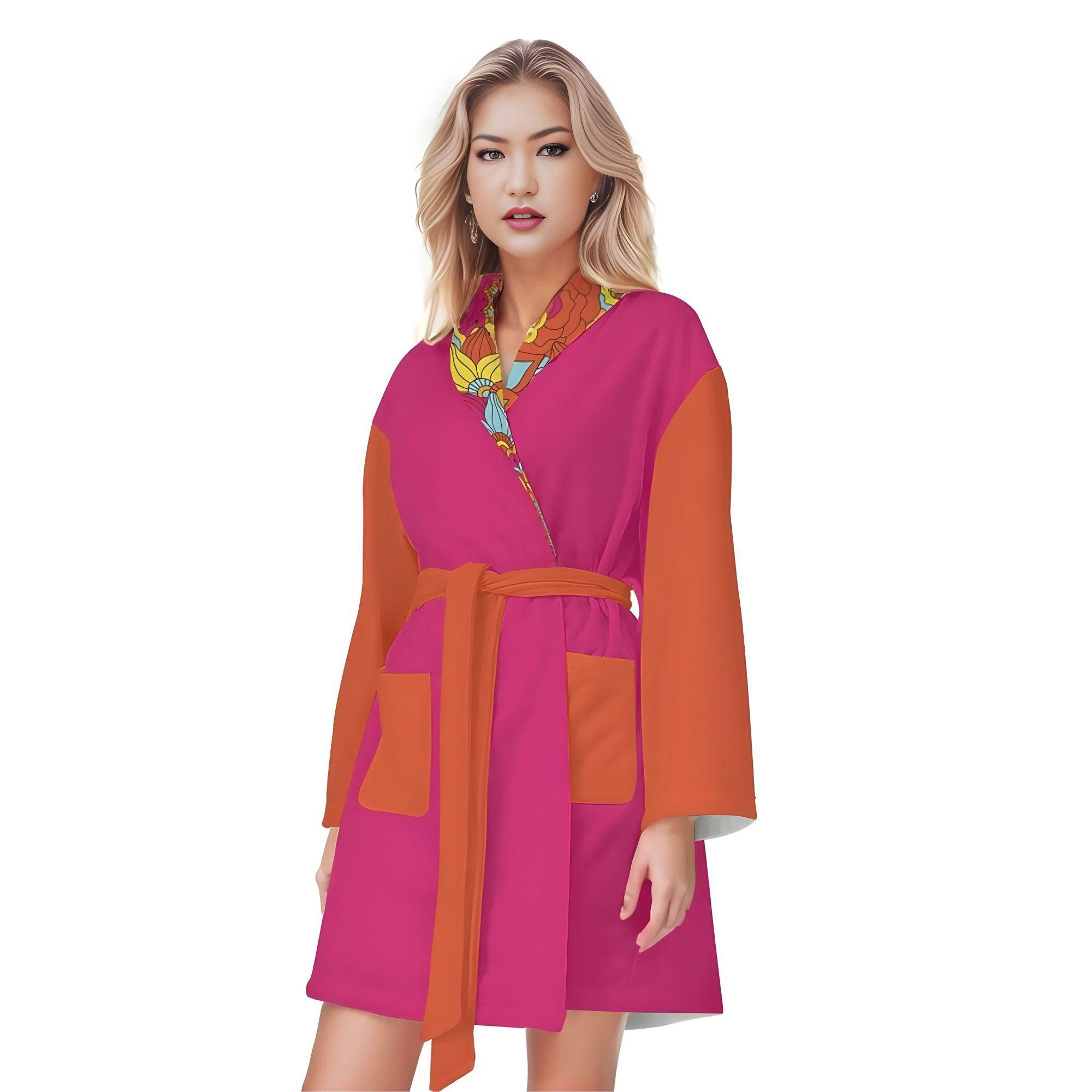 Inela Color Block Lightweight Short Pink & Orange Bathrobe Flower Power Retro Vibrant Robe Travel Pockets Self Tie Belted Women's